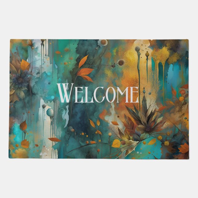 Autumn Harvest Teal Rust Gold Abstract Doormat (Front)
