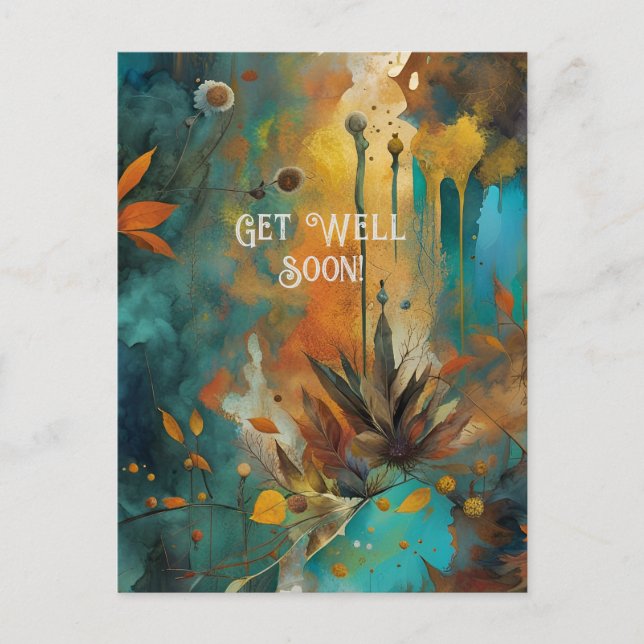 Autumn Harvest Teal Rust Gold Abstract Get Well Postcard (Front)