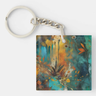 Autumn Harvest Teal Rust Gold Abstract Keychain
