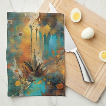 Autumn Harvest Teal Rust Gold Abstract Kitchen Towel by minx267 at Zazzle