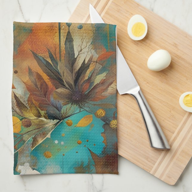 Autumn Harvest Teal Rust Gold Abstract Kitchen Towel (Quarter Fold)