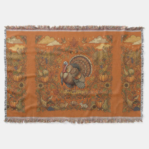 Autumn Harvest Throw Blanket with Turkey Motif