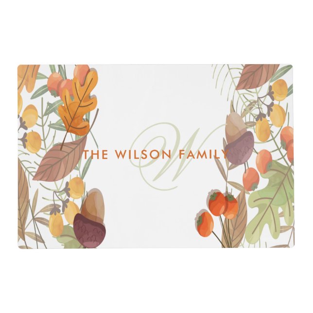 Autumn Harvest Watercolor Personalized Placemat (Front)