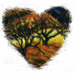 Autumn Heart Ornament with Trees<br><div class="desc">A heart-shaped ornament. Old bend trees,  dark clouds,  dry yellow grass on the hills touched by the last light. Originally painted in acrylic.</div>