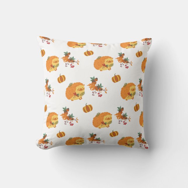 Autumn Hedgehog, Fall Leaves & Pumpkins White Throw Pillow (Front)
