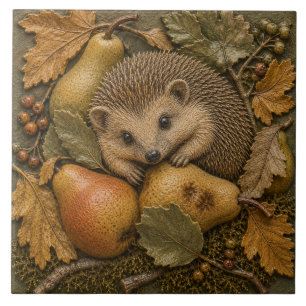 Autumn Hedgehog & Pears Woodland Wildlife Ceramic Tile