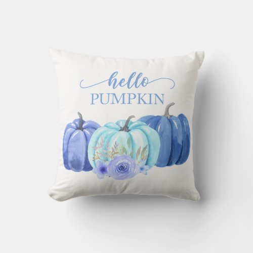 Autumn Hello Blue Pumpkins Throw Pillow