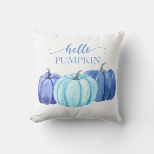 Autumn Hello Blue Pumpkins Throw Pillow