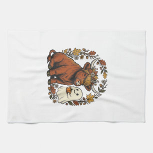 Autumn Highland Cow Ghost Vintage Engraving Shirt  Kitchen Towel