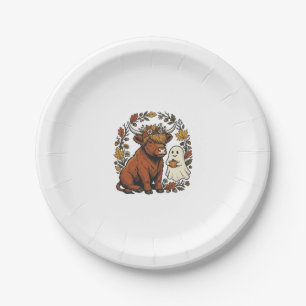 Autumn Highland Cow Ghost Vintage Engraving Shirt Paper Plates