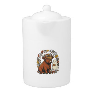 Autumn Highland Cow Ghost Vintage Engraving Shirt Teapot
