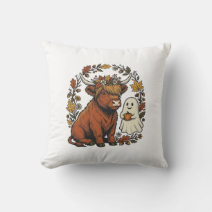 Autumn Highland Cow Ghost Vintage Engraving Shirt Throw Pillow
