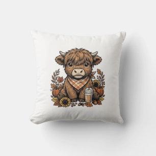 Autumn Highland Cow Vintage Fall Farmhouse Art Throw Pillow