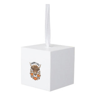 Autumn Highland Cow With Heart Glasses Cube Ornament