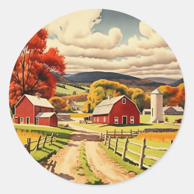 Autumn Homestead Illustration Classic Round Sticker | Zazzle