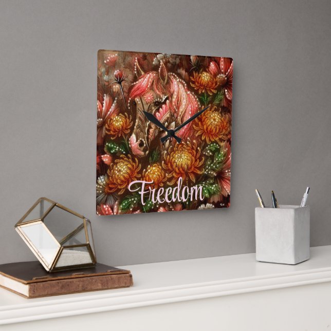 Autumn Horse Floral Chrysanthemums Personalized Square Wall Clock (Office)