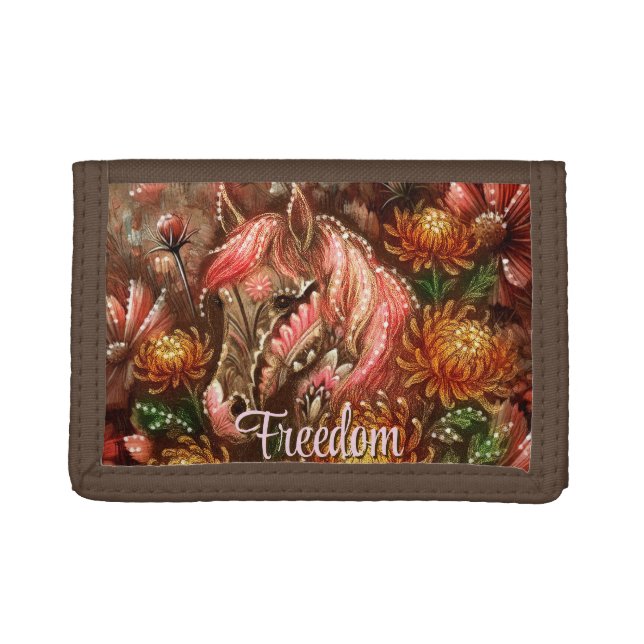 Autumn Horse Floral Chrysanthemums Personalized Trifold Wallet (Front)