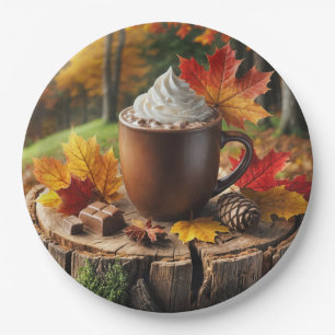 Autumn Hot Chocolate On Tree Stump Paper Plates
