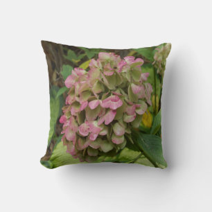 Autumn Hydrangea Bloom with Golden Hosta Leaves Throw Pillow