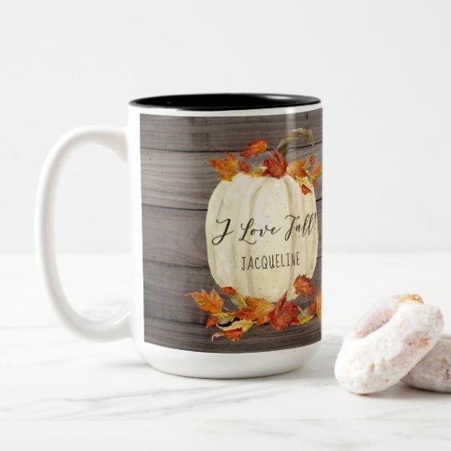 Autumn I Love Fall White Pumpkin Watercolor Rustic Two_Tone Coffee Mug