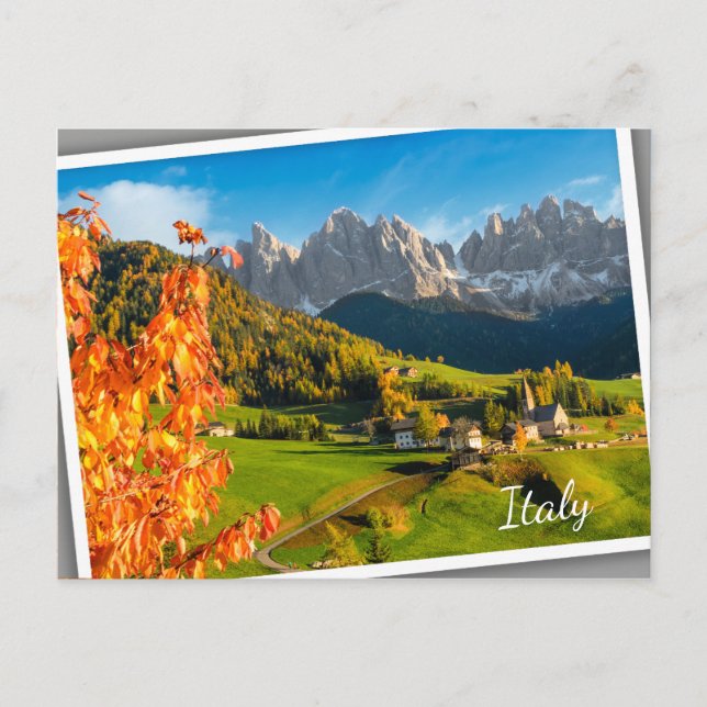Autumn in a Dolomites landscape with church Postcard (Front)