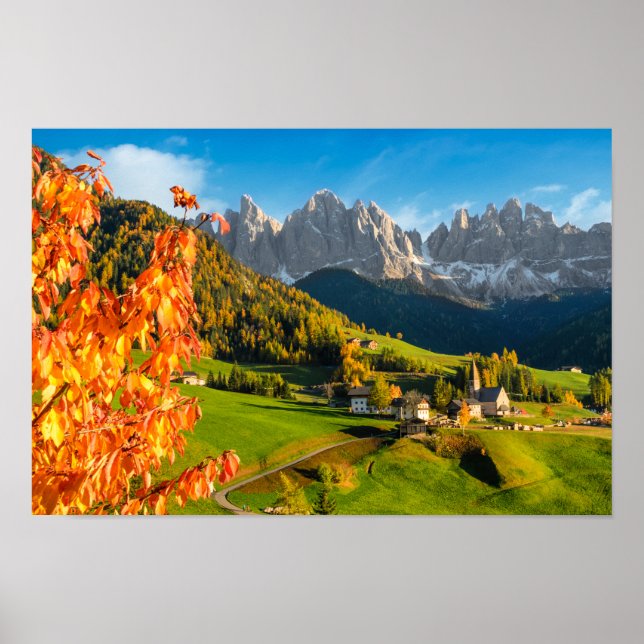 Autumn in a Dolomites landscape with church Poster (Front)
