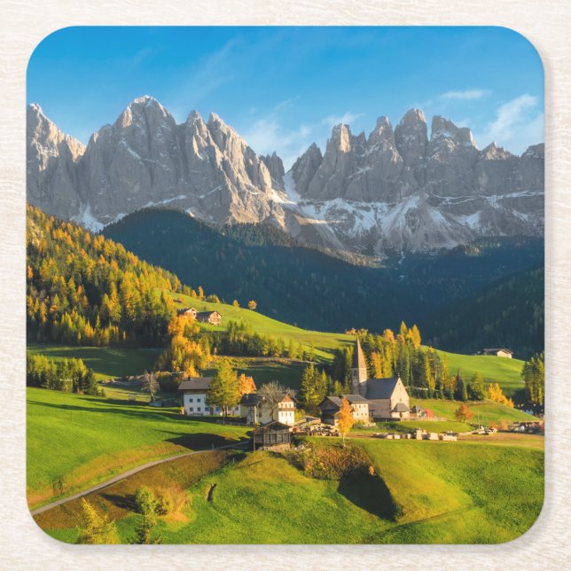 Autumn in a Dolomites landscape with church Square Paper Coaster (Front)