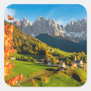 Autumn in a Dolomites landscape with church Square Sticker