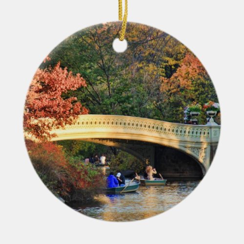 Autumn in Central Park Boaters by Bow Bridge  01 Ceramic Ornament