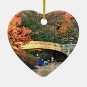 Autumn in Central Park: Boaters by Bow Bridge #01 Ceramic Ornament