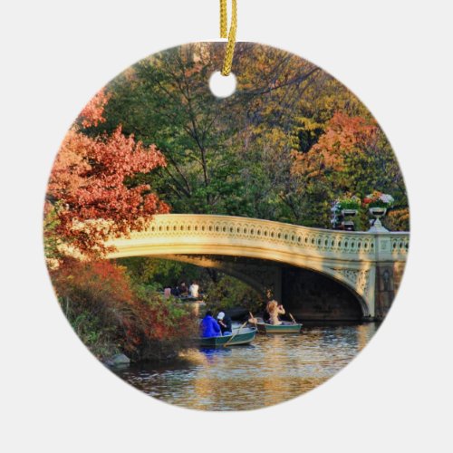 Autumn in Central Park Boaters by Bow Bridge  01 Ceramic Ornament