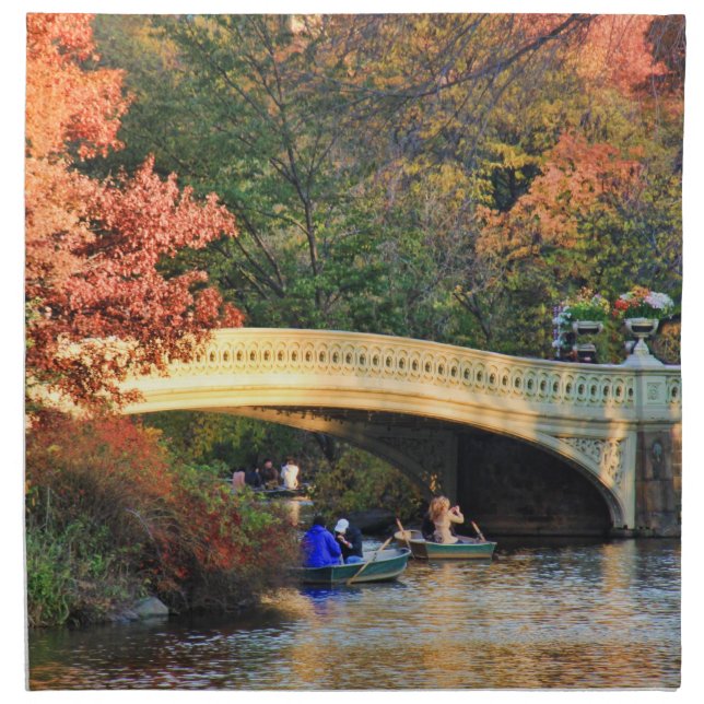 Autumn in Central Park: Boaters by Bow Bridge  #01 Cloth Napkin (Front)