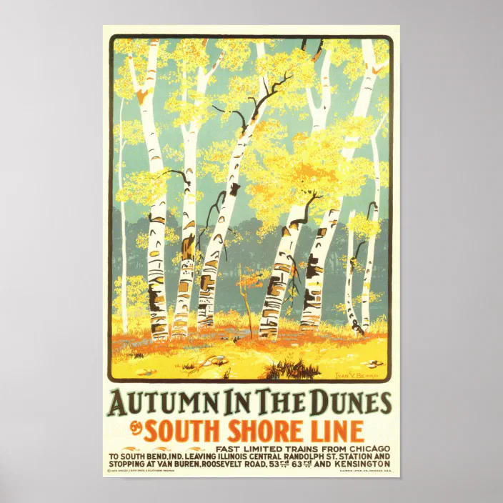 POSTER INDIANA DUNES STATE PARK BEACH SOUTH SHORE LINE USA VINTAGE REPRO FREE SH 
