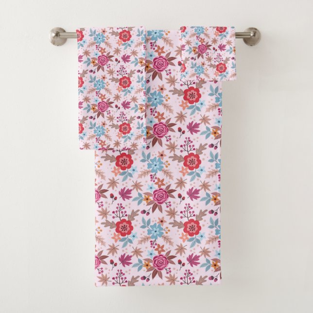 Autumn Inspired Roses Pattern Print Bath Towel Set (Insitu)