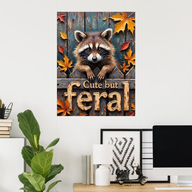 Autumn Intruder: Raccoon on the Picket Fence Poster (Home Office)