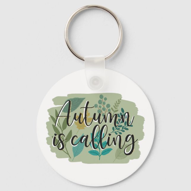 Autumn Is Calling –Fall Leaves on a Green Backdrop Keychain (Front)