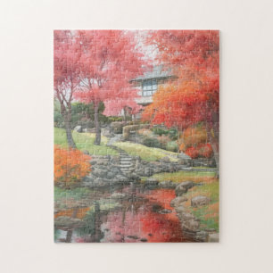 Autumn Japanese Modern Garden Watercolor Jigsaw Puzzle