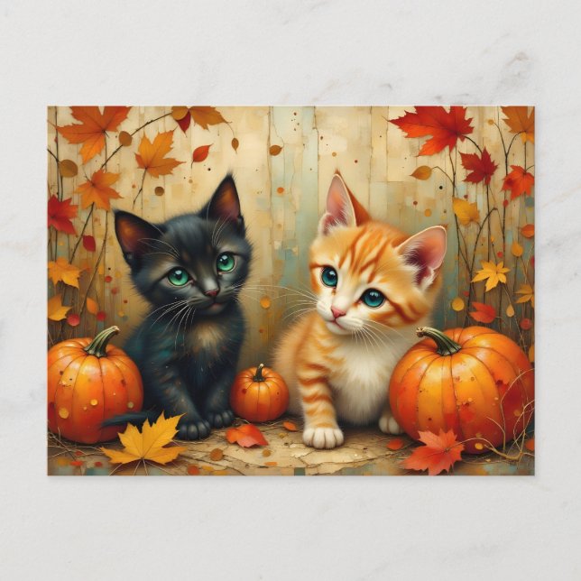 Autumn Kittens Pumpkins and Foliage Holiday Postcard (Front)