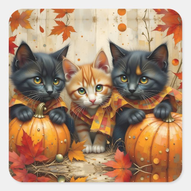Autumn Kittens Pumpkins and Foliage Square Sticker (Front)