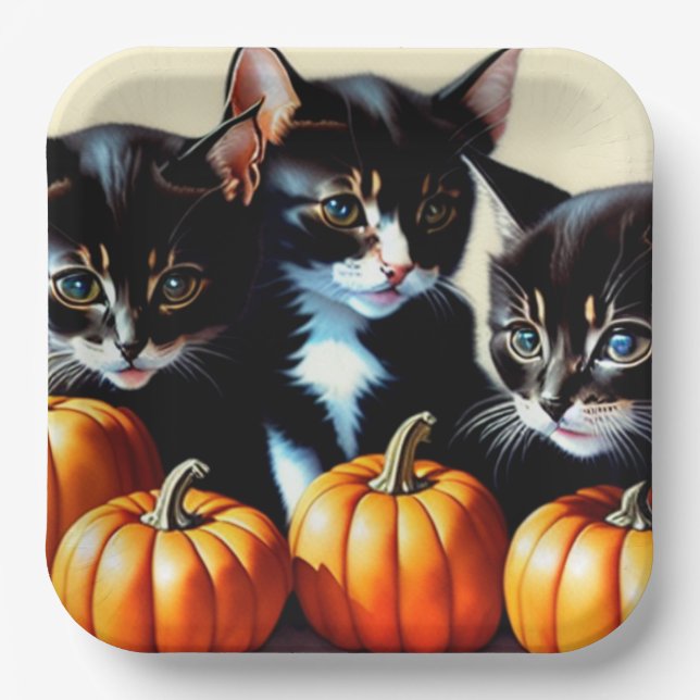 Autumn Kittens with Pumpkins Paper Plates (Front)