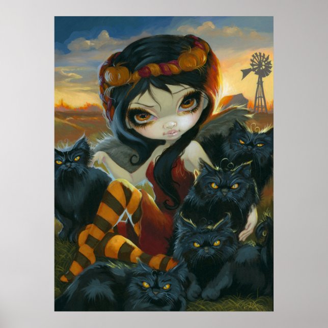 Autumn Kitties ART PRINT Halloween Fairy black cat (Front)