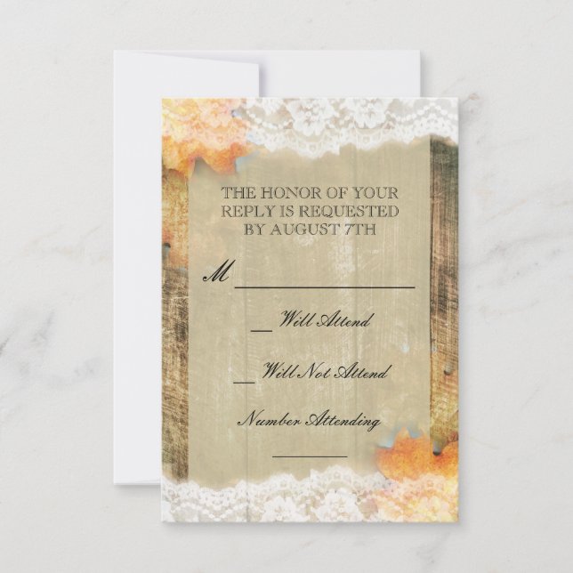 Autumn Lace Rustic Wedding R.S.V. P. RSVP Card (Front)