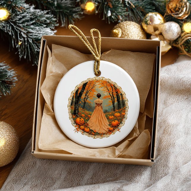 Autumn Lady in Pumpkin Forest Doily Ceramic Ornament (Creator Uploaded)
