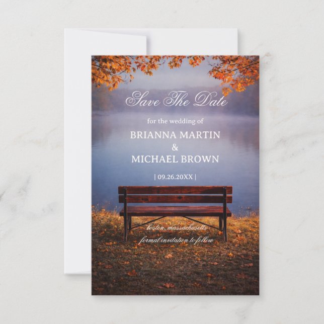 Autumn Lake Bench Romantic Save The Date (Front)