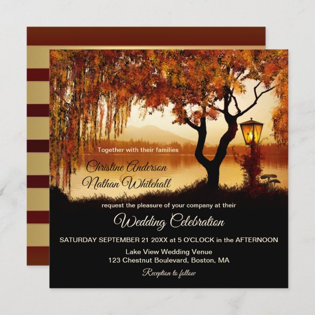 Autumn Lake View Lantern Wedding Invitation (Front/Back)