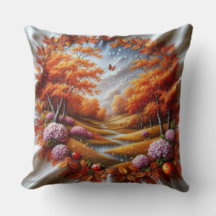 Autumn Landscape Decorated with Hydrangeas Throw Pillow