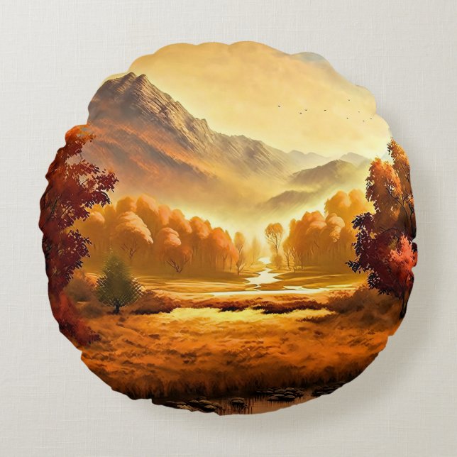 Autumn Landscape Painting-1 Round Pillow (Front)