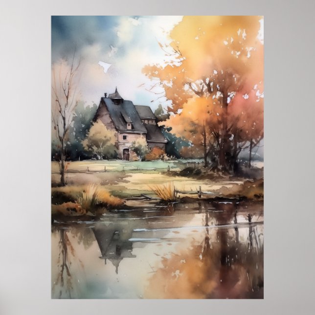 Autumn Landscape Watercolor Illustration Print (Front)