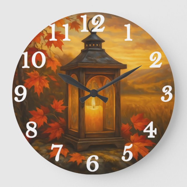 Autumn lantern with maple leaves glow large clock (Front)