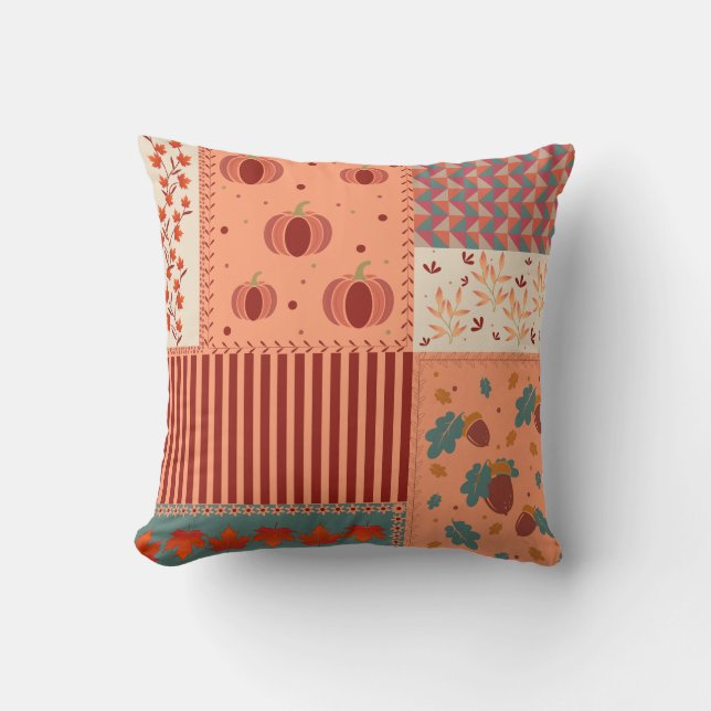 Autumn Leaf Acorn Patchwork Pattern Art Throw Pillow (Front)
